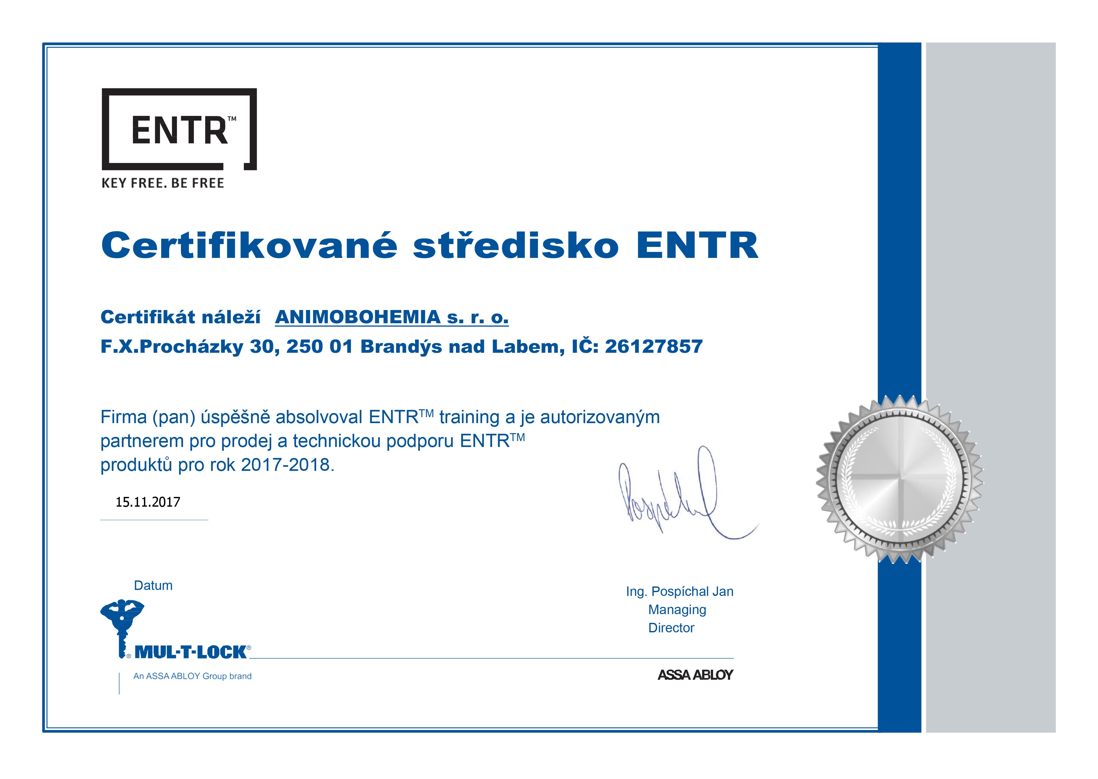 Certifikát ENTR