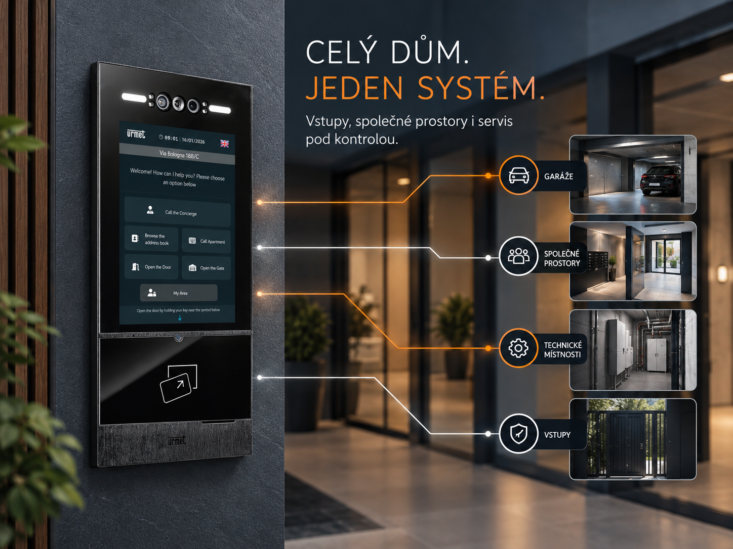 Jeden systém může sjednotit zvonky, vstupní dveře, společné prostory, servisní přístupy i správu oprávnění. Díky tomu odpadá správa několika nesouvisejících technologií a celý dům funguje jako jeden celek.