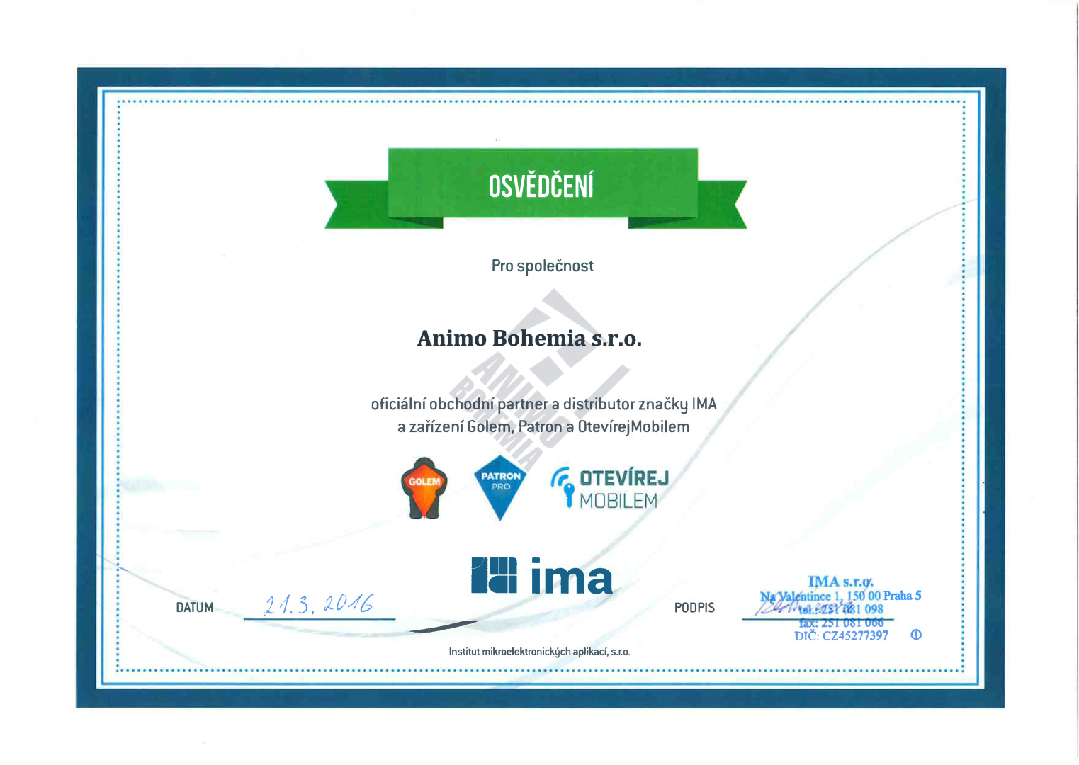 Certifikát  IMA 