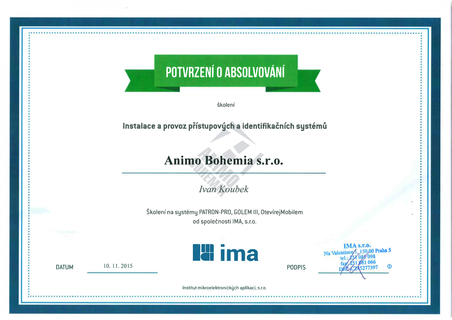 Certifikát IMA